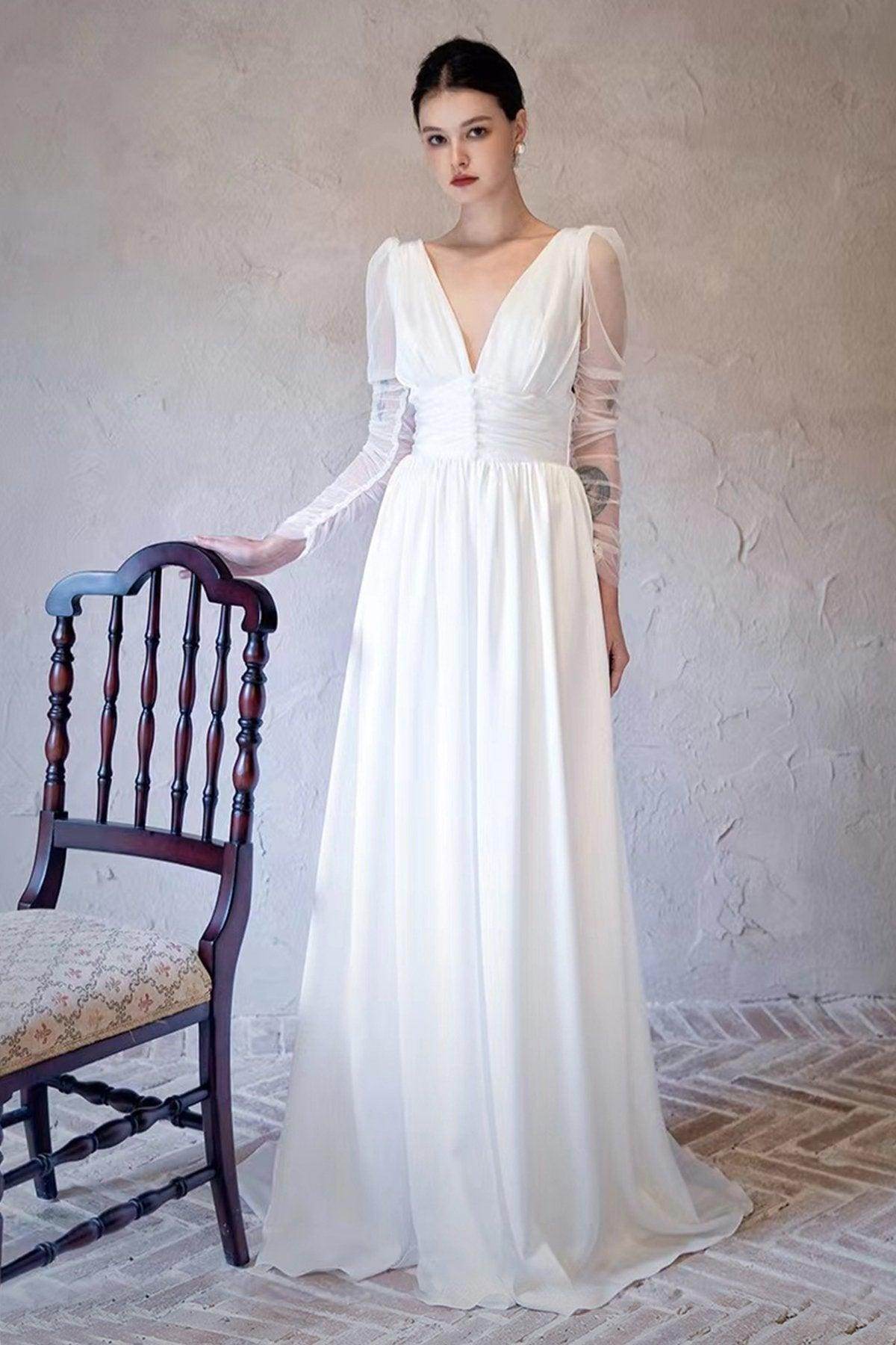 A-Line Sweep-Brush Train Chiffon Tulle Wedding Dress CW3063 - COCOMELODY